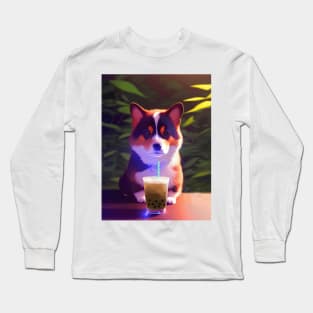 Corgi with boba bubble tea Long Sleeve T-Shirt